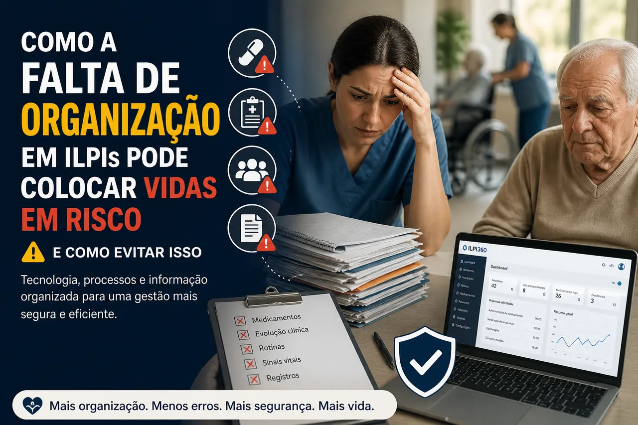 Ilustração: organização na ILPI, segurança do idoso e riscos da desinformação na rotina assistencial