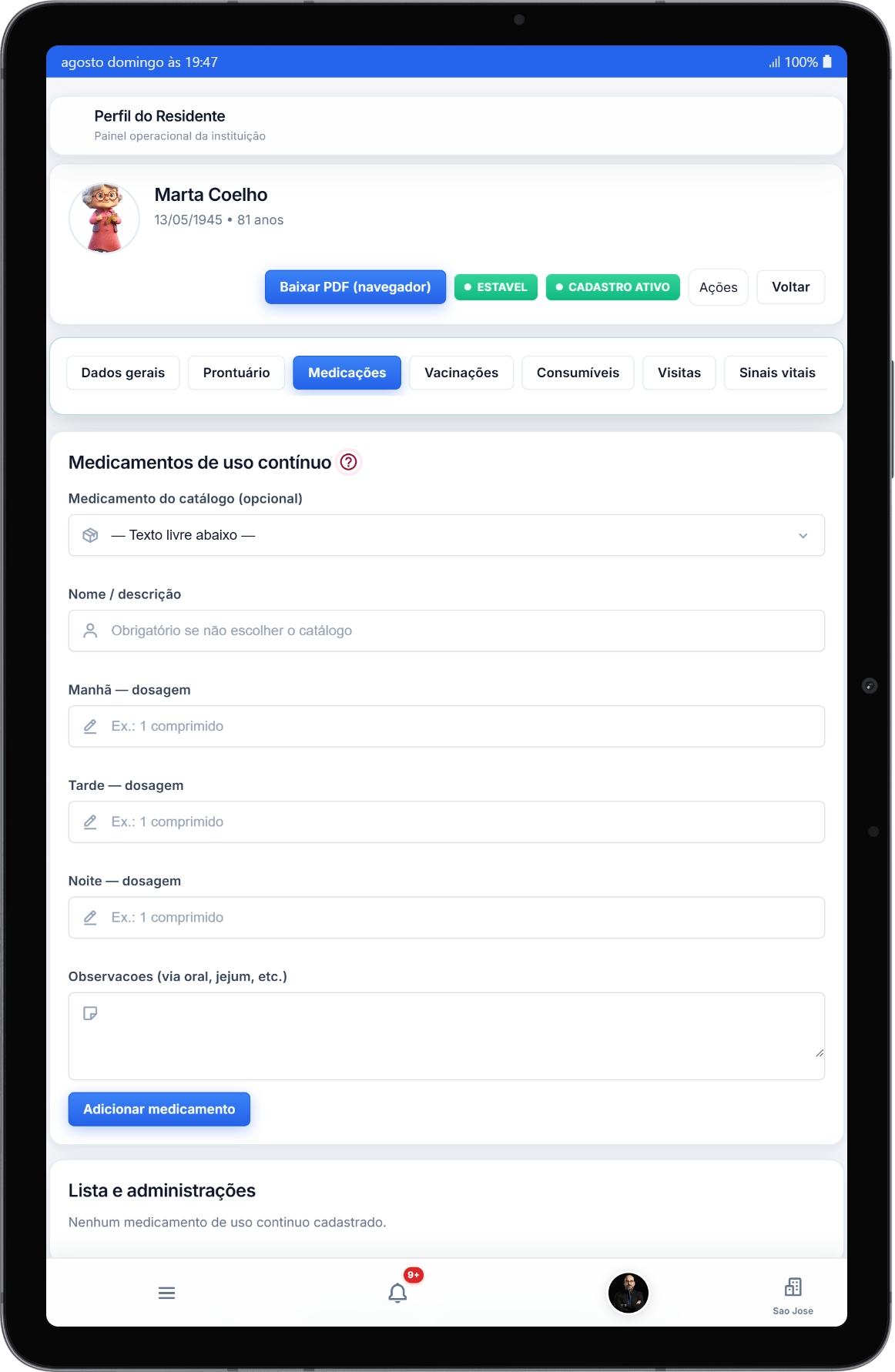 Tela de controle de medicamentos no ILPI360