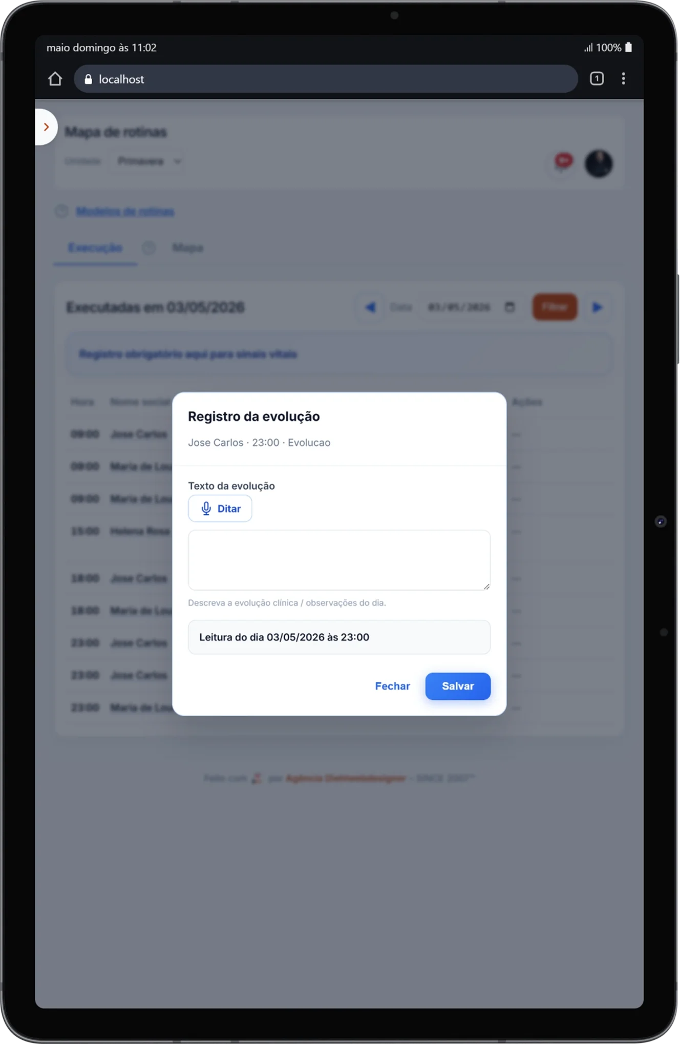 Lista de evoluções no prontuário ILPI360